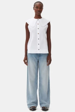 GANNI Ganni Icons | Topper<Cotton Poplin Sleeveless Frill Collar Shirt BrightWhite