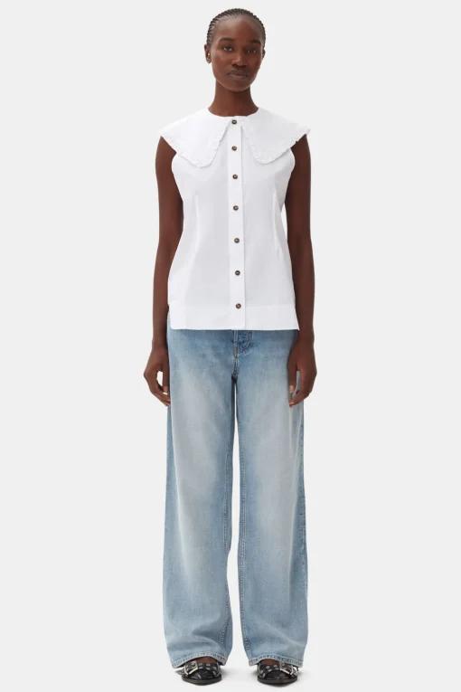 GANNI Ganni Icons | Topper<Cotton Poplin Sleeveless Frill Collar Shirt BrightWhite