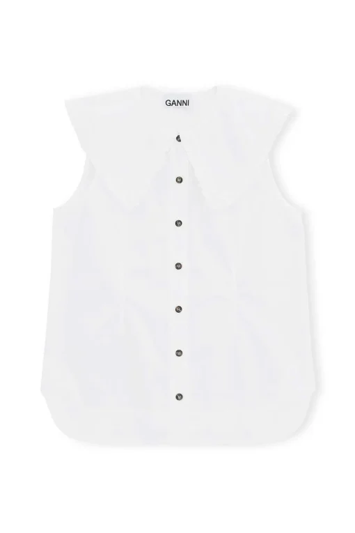 GANNI Ganni Icons | Topper<Cotton Poplin Sleeveless Frill Collar Shirt BrightWhite