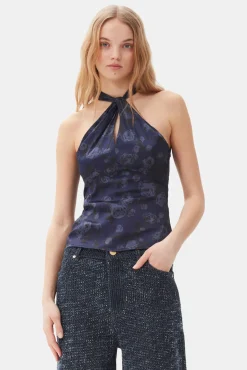 GANNI Ganni Exclusives | Topper<Dark Blue Floral Printed-topp Peacoat