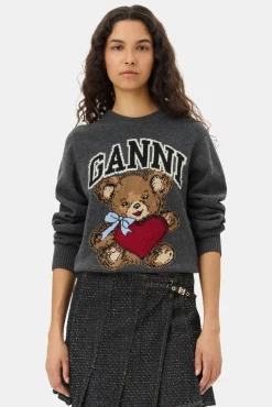 GANNI Plus Size Klær | Strikkeplagg<Dark Grey Graphic Bear-genser GrayQuill