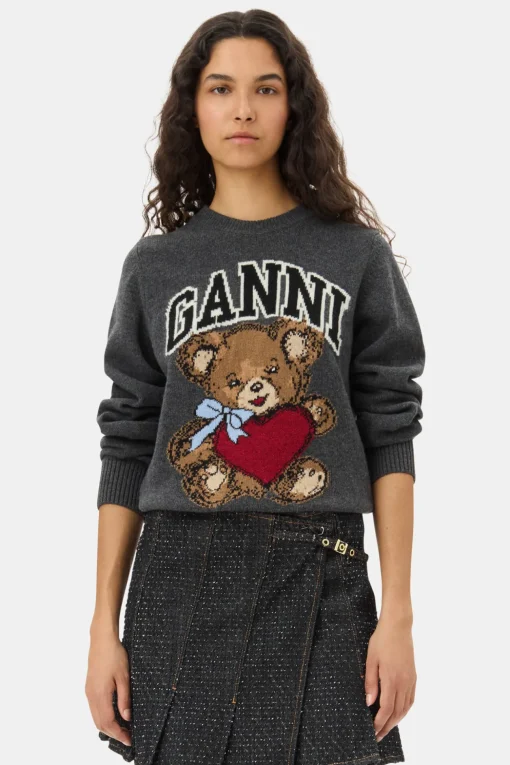 GANNI Plus Size Klær | Strikkeplagg<Dark Grey Graphic Bear-genser GrayQuill