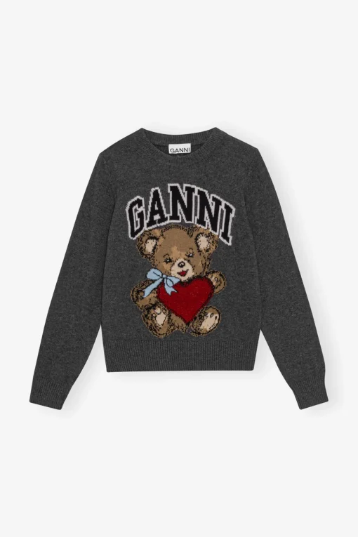 GANNI Plus Size Klær | Strikkeplagg<Dark Grey Graphic Bear-genser GrayQuill