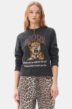 GANNI Plus Size Klær | Strikkeplagg<Dark Grey Graphic Tiger-genser GrayQuill