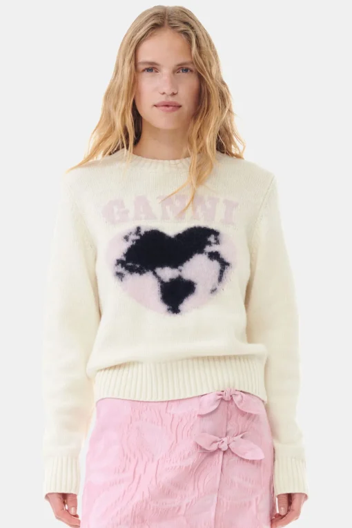 GANNI Strikkeplagg<Graphic Soft Wool Mix O-Neck Egret