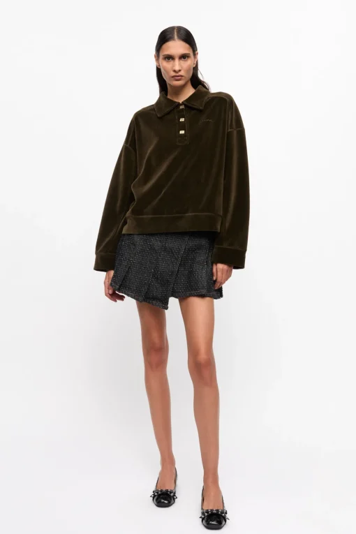 GANNI Ganni Exclusives<Green Velour Drop Shoulder-poloskjorte Kalamata