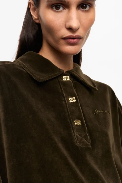 GANNI Ganni Exclusives<Green Velour Drop Shoulder-poloskjorte Kalamata