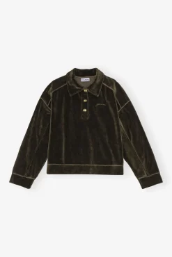 GANNI Ganni Exclusives<Green Velour Drop Shoulder-poloskjorte Kalamata