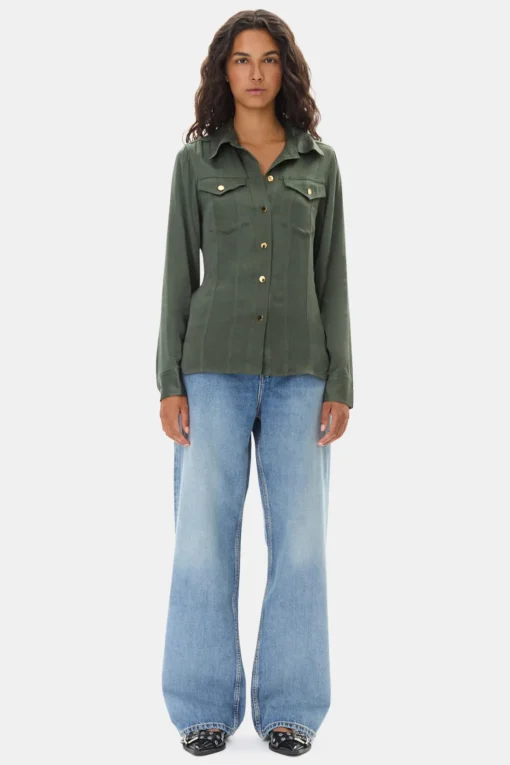 GANNI Plus Size Klær | Sett<Green Washed Satin-skjorte ClimbingIvy