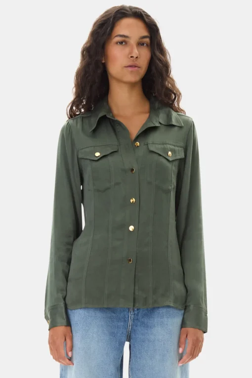 GANNI Plus Size Klær | Sett<Green Washed Satin-skjorte ClimbingIvy