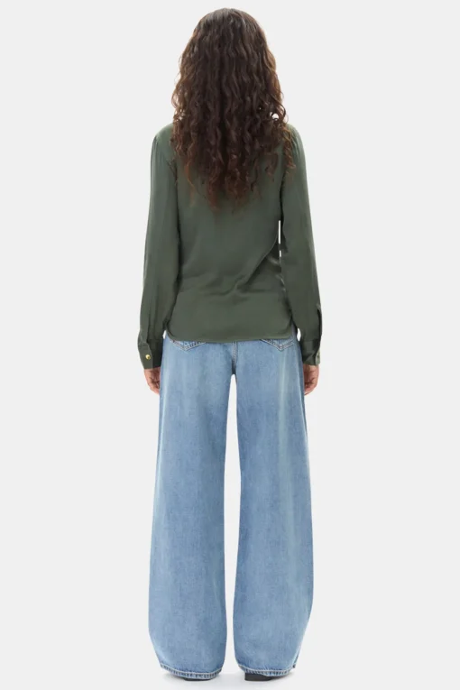 GANNI Plus Size Klær | Sett<Green Washed Satin-skjorte ClimbingIvy