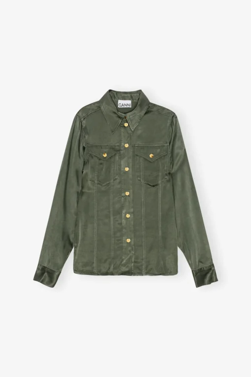 GANNI Plus Size Klær | Sett<Green Washed Satin-skjorte ClimbingIvy