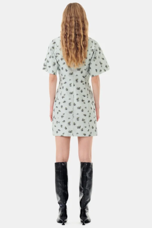 GANNI Kjoler<Grey Floral Printed Organza Jacquard Mini-kjole AquaFoam