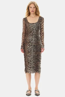 GANNI Ganni Exclusives | Leopardmønster Klær<Mesh Printed Ruched Midi-kjole Leopard