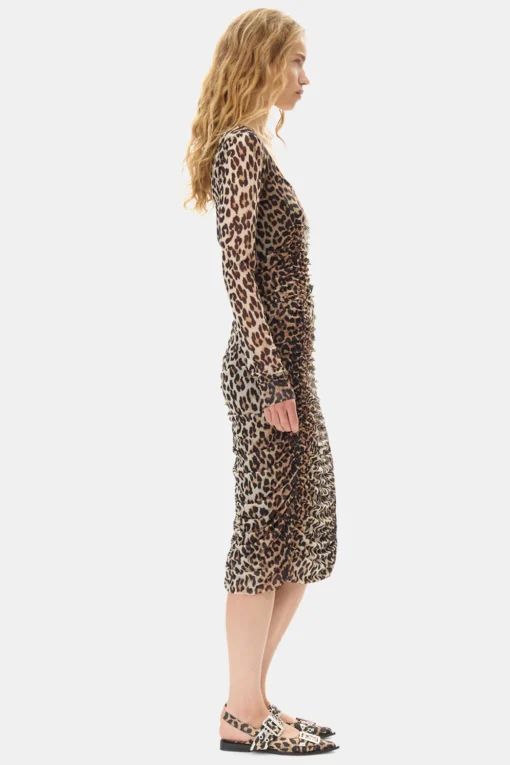 GANNI Ganni Exclusives | Leopardmønster Klær<Mesh Printed Ruched Midi-kjole Leopard