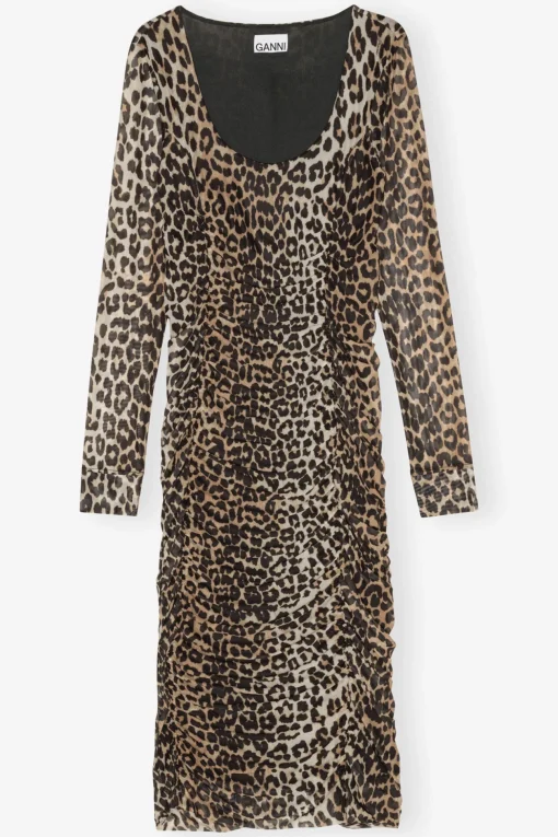 GANNI Ganni Exclusives | Leopardmønster Klær<Mesh Printed Ruched Midi-kjole Leopard