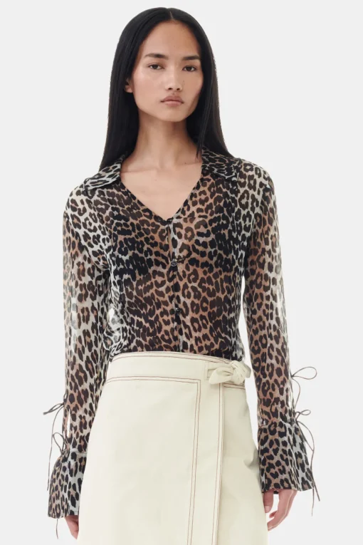 GANNI Sett | Leopardmønster Klær<Leopard Printed Chiffon Slim-skjorte AlmondMilk