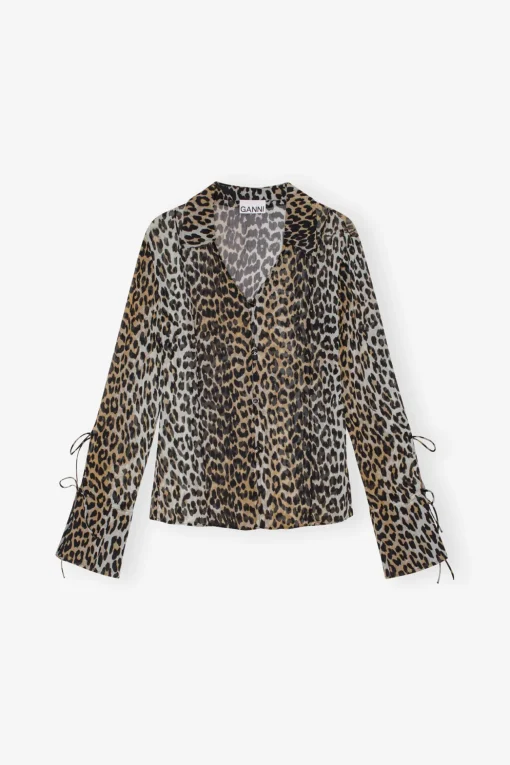 GANNI Sett | Leopardmønster Klær<Leopard Printed Chiffon Slim-skjorte AlmondMilk
