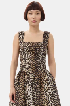 GANNI Plus Size Klær | Leopardmønster Klær<Printed Cotton Poplin Midi Strap Smock-kjole Leopard