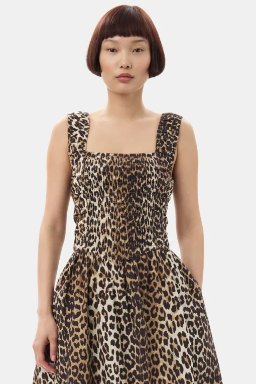 GANNI Plus Size Klær | Leopardmønster Klær<Printed Cotton Poplin Midi Strap Smock-kjole Leopard