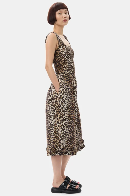 GANNI Plus Size Klær | Leopardmønster Klær<Printed Cotton Poplin Midi Strap Smock-kjole Leopard