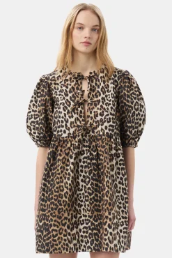 GANNI Ganni Exclusives | Leopardmønster Klær<Printed Cotton Tie String Mini-kjole Leopard