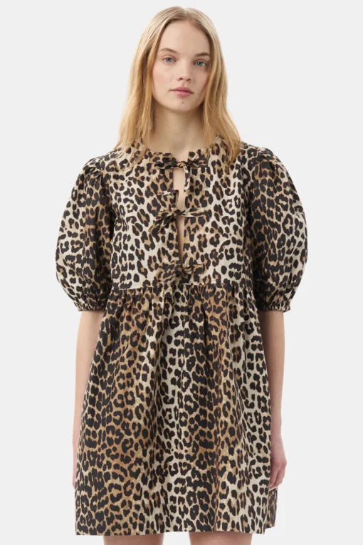 GANNI Ganni Exclusives | Leopardmønster Klær<Printed Cotton Tie String Mini-kjole Leopard
