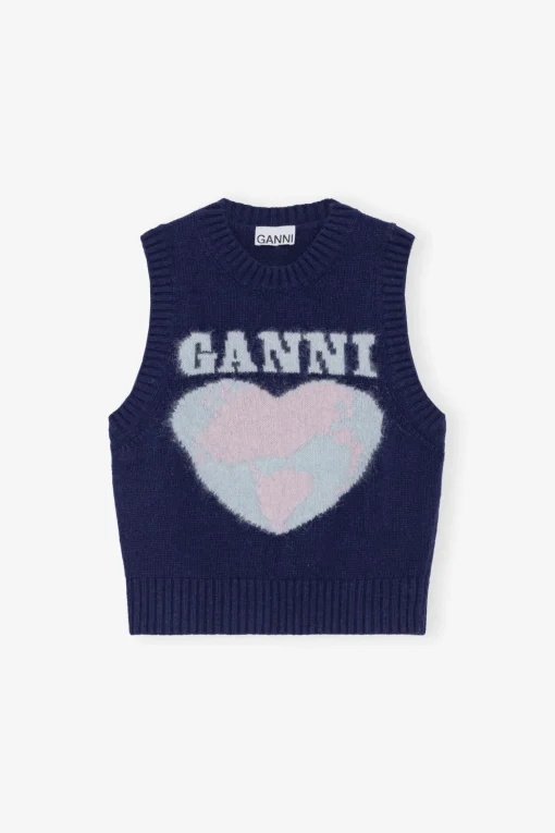 GANNI Strikkeplagg<Navy Graphic Soft Wool Mix-vest SkyCaptain