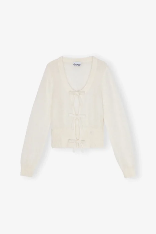 GANNI Ganni Exclusives | Strikkeplagg<Off-white Tie String-cardigan Egret