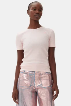 GANNI Plus Size Klær | Ganni Exclusives<Pink Soft Cotton Rib Short Sleeve-T-skjorte ChalkPink