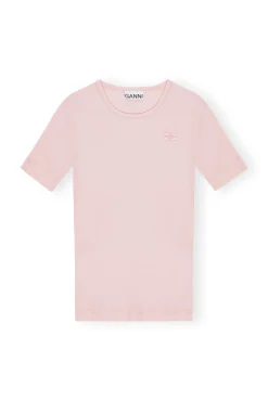 GANNI Plus Size Klær | Ganni Exclusives<Pink Soft Cotton Rib Short Sleeve-T-skjorte ChalkPink