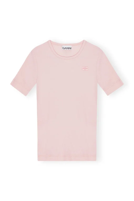 GANNI Plus Size Klær | Ganni Exclusives<Pink Soft Cotton Rib Short Sleeve-T-skjorte ChalkPink