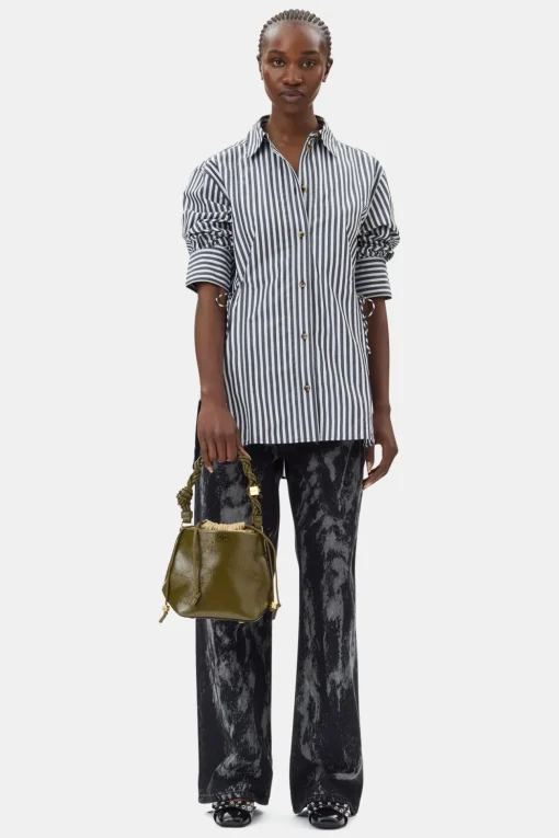 GANNI Ganni Exclusives | Topper<Stripe Cotton Oversized Tie String-skjorte Black