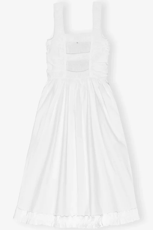 GANNI Plus Size Klær | Kjoler<White Cotton Poplin Midi Strap Smock-kjole BrightWhite