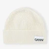 GANNI Hatter | Vintertilbehør<White Fitted Wool Rib Knit Beanie Egret
