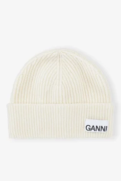 GANNI Hatter | Vintertilbehør<White Fitted Wool Rib Knit Beanie Egret