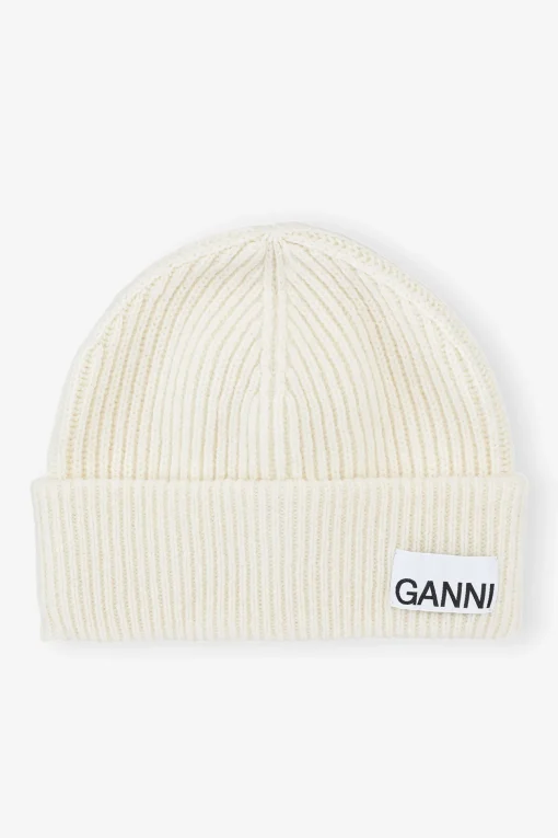 GANNI Hatter | Vintertilbehør<White Fitted Wool Rib Knit Beanie Egret